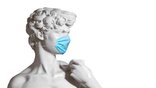 Replica of david sculpture with face mask, health concept